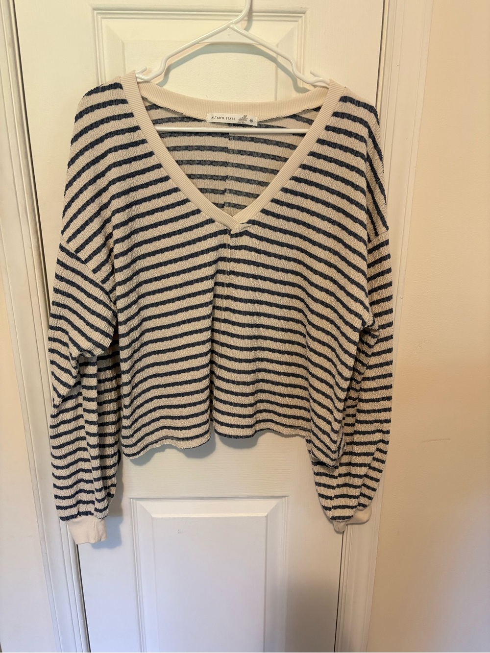 Alter’d State Striped V-Neck Pullover in Navy and Cream